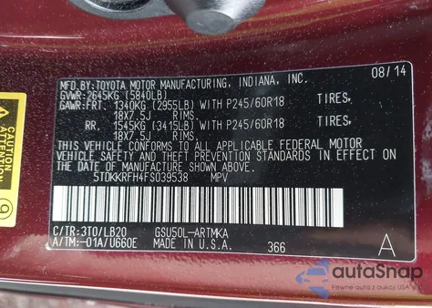 2015 Toyota Highlander Xle V6 из США, поврежденный, VIN 5TDKKRFH4FS039538